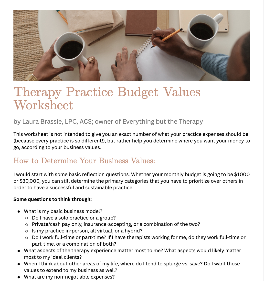 Therapy Practice Budget Values Worksheet